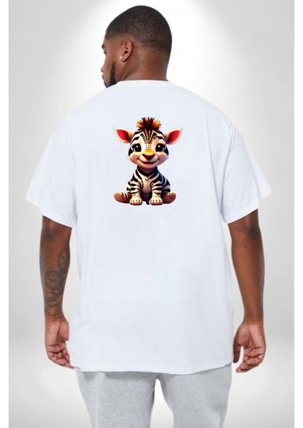 Sevimli Yavru Zebra Büyük Beden Beyaz Tişört Kadın Erkek Ünisex Sırt Baskılı