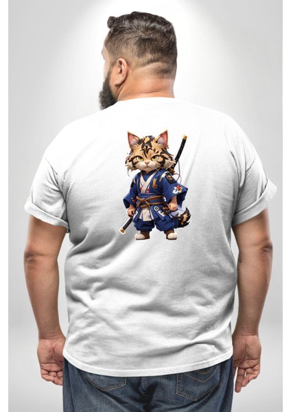 Japon Samuray Kılınç Büyük Beden Beyaz Tişört Kadın Erkek Ünisex Sırt Baskılı