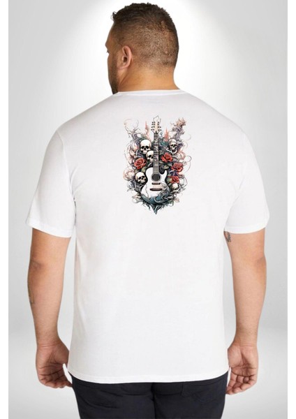 Gitar Kafatası Güller Doğa Uyumu Büyük Beden Beyaz Tişört Kadın Erkek Ünisex Sırt Baskılı