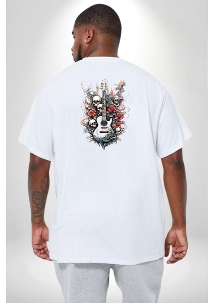 Gitar Kafatası Güller Doğa Uyumu Büyük Beden Beyaz Tişört Kadın Erkek Ünisex Sırt Baskılı fırsatları
