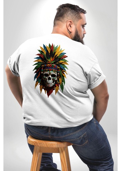 Kurukafa Iskelet Kızılderili Tüy Kartal Şefi Büyük Beden Beyaz Tişört Kadın Erkek Ünisex Sırt Baskılı