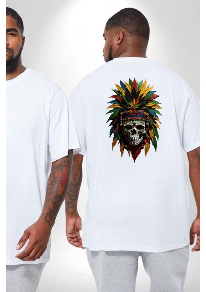 Kurukafa Iskelet Kızılderili Tüy Kartal Şefi Büyük Beden Beyaz Tişört Kadın Erkek Ünisex Sırt Baskılı fiyatları