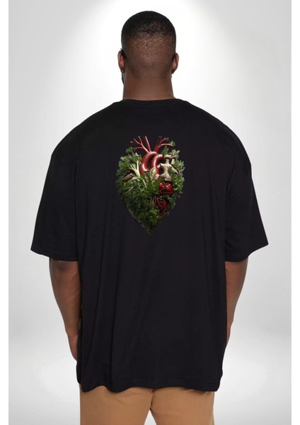 Doğanın Kalbi Yeşillikler Kalp Büyük Beden Siyah Tişört Kadın Erkek Ünisex Sırt Baskılı