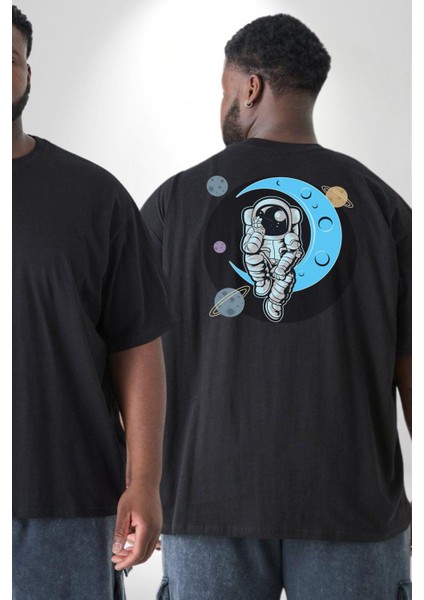 Astronot Uzayda Sıkılmış Büyük Beden Siyah Tişört Kadın Erkek Ünisex Sırt Baskılı fiyatları