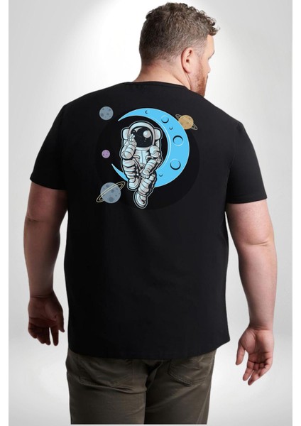 Astronot Uzayda Sıkılmış Büyük Beden Siyah Tişört Kadın Erkek Ünisex Sırt Baskılı fırsatları