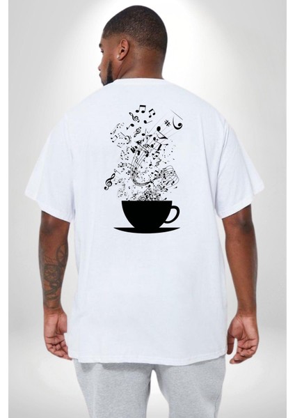 Kahve Müzik Nota Büyük Beden Beyaz Tişört Kadın Erkek Ünisex Sırt Baskılı