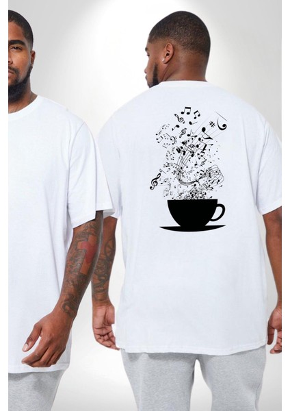Kahve Müzik Nota Büyük Beden Beyaz Tişört Kadın Erkek Ünisex Sırt Baskılı fiyatları