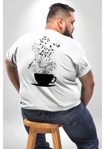 Kahve Müzik Nota Büyük Beden Beyaz Tişört Kadın Erkek Ünisex Sırt Baskılı fırsatları
