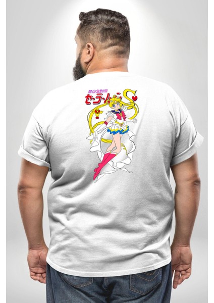 Sailor Moon Anime Usagi Tsukino Büyük Beden Beyaz Tişört Kadın Erkek Ünisex Sırt Baskılı