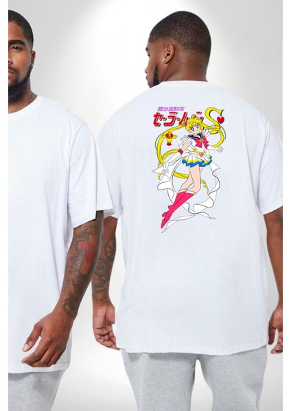 Sailor Moon Anime Usagi Tsukino Büyük Beden Beyaz Tişört Kadın Erkek Ünisex Sırt Baskılı fiyatları