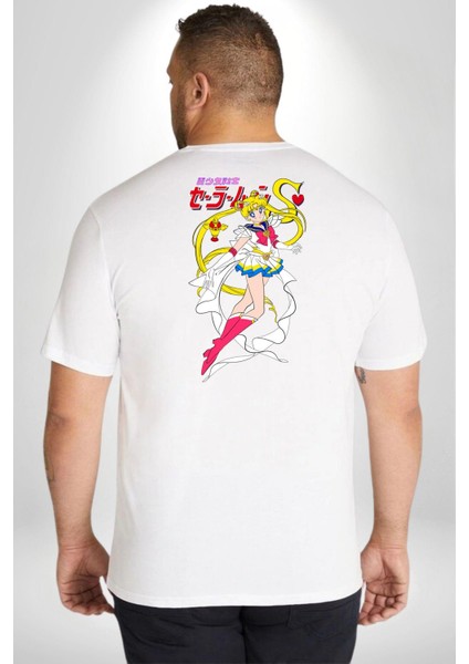 Sailor Moon Anime Usagi Tsukino Büyük Beden Beyaz Tişört Kadın Erkek Ünisex Sırt Baskılı fırsatları