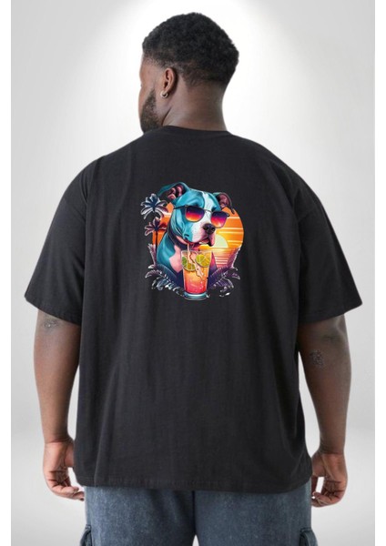 Tatil Köpek Soğuk Kokteyl Içeçek Büyük Beden Siyah Tişört Kadın Erkek Ünisex Sırt Baskılı