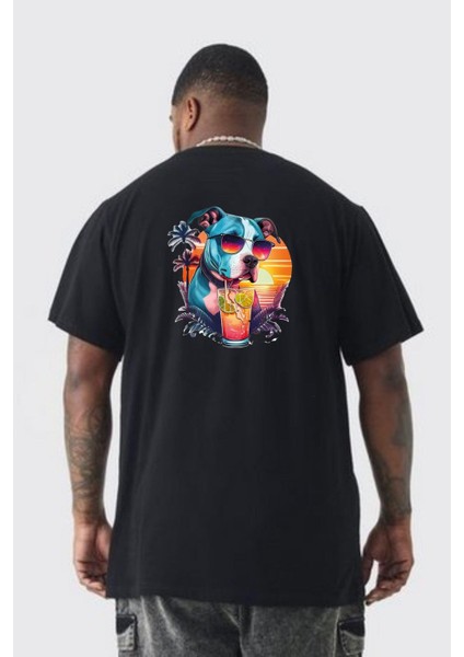 Tatil Köpek Soğuk Kokteyl Içeçek Büyük Beden Siyah Tişört Kadın Erkek Ünisex Sırt Baskılı fırsatları