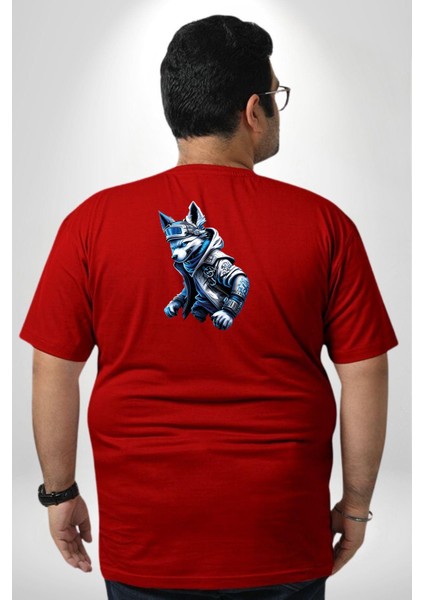 Mavi Beyaz Ateşli Kurt Büyük Beden Kırmızı Tişört Kadın Erkek Ünisex Sırt Baskılı
