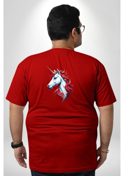 Unicorn Tek Boynuzlu At Büyük Beden Kırmızı Tişört Kadın Erkek Ünisex Sırt Baskılı
