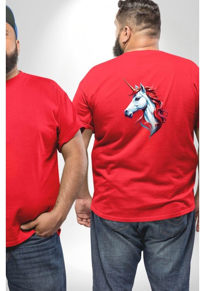 Unicorn Tek Boynuzlu At Büyük Beden Kırmızı Tişört Kadın Erkek Ünisex Sırt Baskılı fiyatları