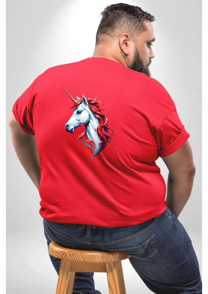 Unicorn Tek Boynuzlu At Büyük Beden Kırmızı Tişört Kadın Erkek Ünisex Sırt Baskılı fırsatları