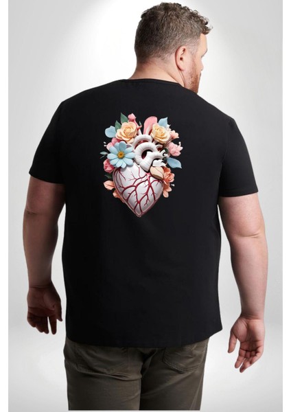 Porselen Çiçek Kalp Büyük Beden Siyah Tişört Kadın Erkek Ünisex Sırt Baskılı