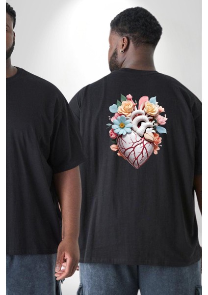 Porselen Çiçek Kalp Büyük Beden Siyah Tişört Kadın Erkek Ünisex Sırt Baskılı fiyatları
