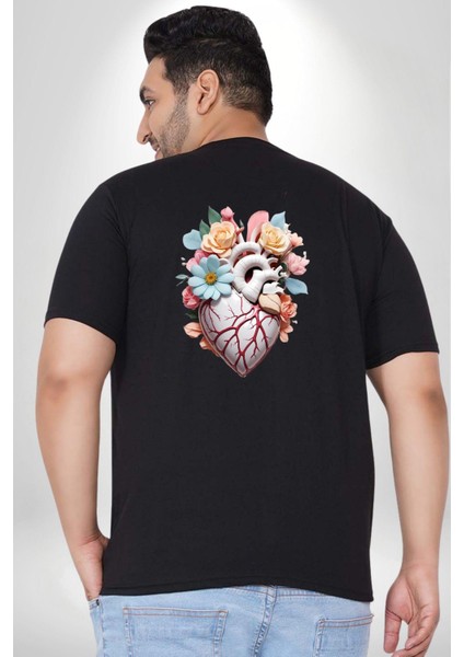 Porselen Çiçek Kalp Büyük Beden Siyah Tişört Kadın Erkek Ünisex Sırt Baskılı fırsatları