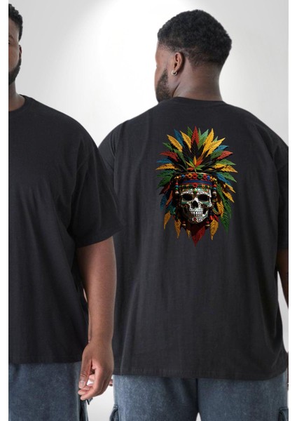 Kurukafa Iskelet Kızılderili Tüy Kartal Şefi Büyük Beden Siyah Tişört Kadın Erkek Ünisex Sırt Baskılı fiyatları