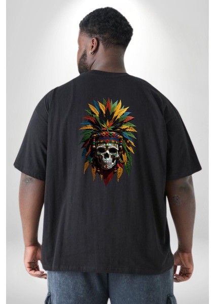 Kurukafa Iskelet Kızılderili Tüy Kartal Şefi Büyük Beden Siyah Tişört Kadın Erkek Ünisex Sırt Baskılı fırsatları