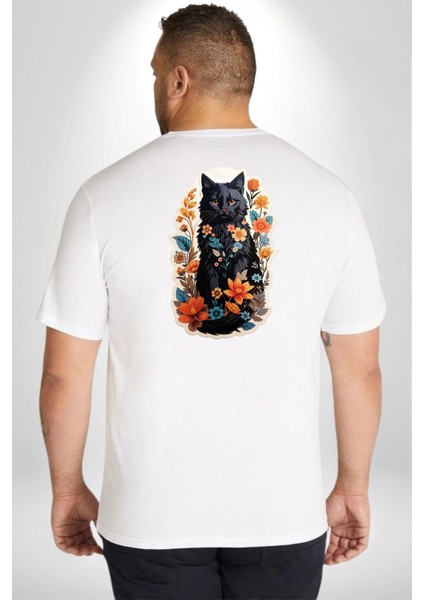 Çiçekli Beyaz Kedi Etiket Büyük Beden Beyaz Tişört Kadın Erkek Ünisex Sırt Baskılı