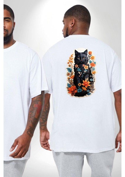 Çiçekli Beyaz Kedi Etiket Büyük Beden Beyaz Tişört Kadın Erkek Ünisex Sırt Baskılı fiyatları