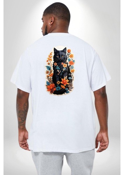 Çiçekli Beyaz Kedi Etiket Büyük Beden Beyaz Tişört Kadın Erkek Ünisex Sırt Baskılı fırsatları