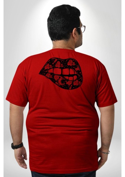 Ay Yıldız Dudak Bulut Dövme Büyük Beden Kırmızı Tişört Kadın Erkek Ünisex Sırt Baskılı