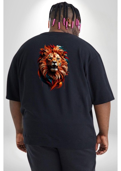 Renkli Kaplan Kükrüyor Büyük Beden Siyah Tişört Kadın Erkek Ünisex Sırt Baskılı