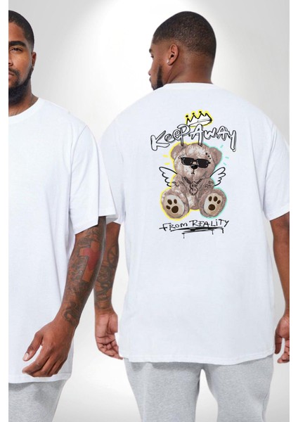 Gerçeklikten Uzak Tutun Büyük Beden Beyaz Tişört Kadın Erkek Ünisex Sırt Baskılı fiyatları