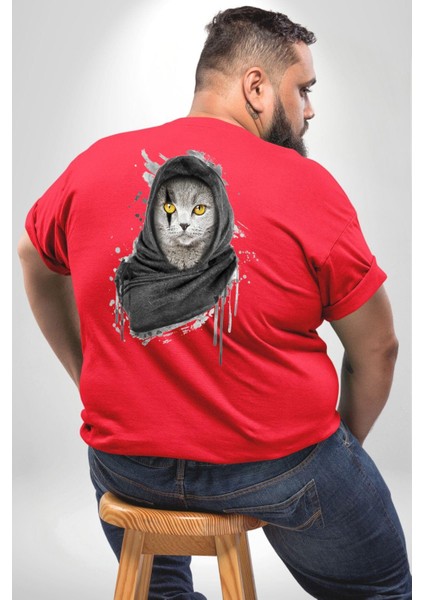 Safari Kedi Şal Eşarp Büyük Beden Kırmızı Tişört Kadın Erkek Ünisex Sırt Baskılı