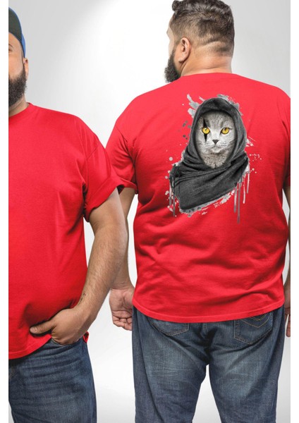 Safari Kedi Şal Eşarp Büyük Beden Kırmızı Tişört Kadın Erkek Ünisex Sırt Baskılı fiyatları