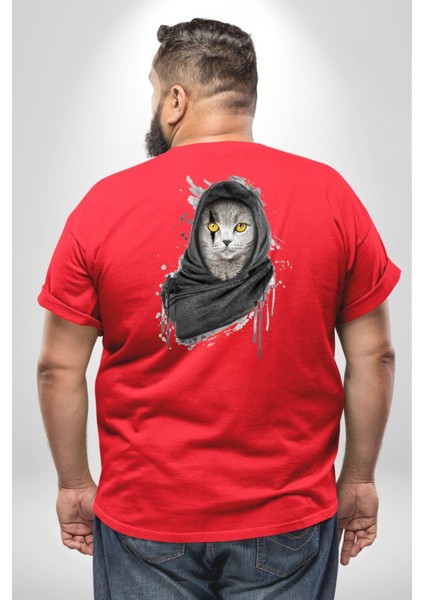 Safari Kedi Şal Eşarp Büyük Beden Kırmızı Tişört Kadın Erkek Ünisex Sırt Baskılı fırsatları