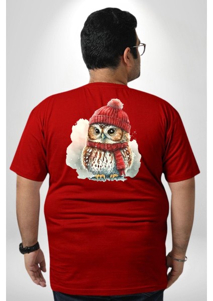 Kış Kırmızı Atkı Bere Baykuş Büyük Beden Kırmızı Tişört Kadın Erkek Ünisex Sırt Baskılı