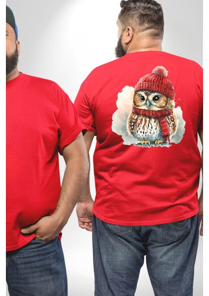Kış Kırmızı Atkı Bere Baykuş Büyük Beden Kırmızı Tişört Kadın Erkek Ünisex Sırt Baskılı fiyatları