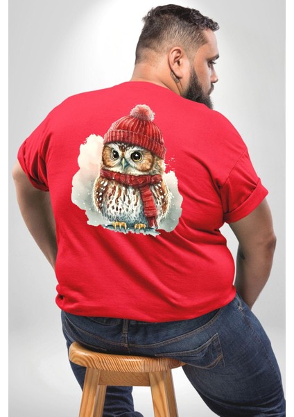 Kış Kırmızı Atkı Bere Baykuş Büyük Beden Kırmızı Tişört Kadın Erkek Ünisex Sırt Baskılı fırsatları