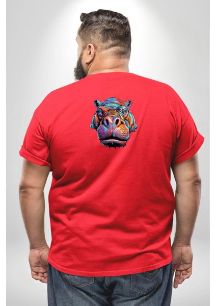 Su Aygırı Hipopotamo Renkli Büyük Beden Kırmızı Tişört Kadın Erkek Ünisex Sırt Baskılı