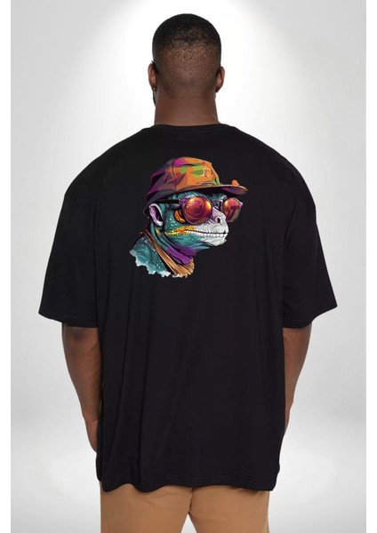 Gözlük Şapka Mukalemun Büyük Beden Siyah Tişört Kadın Erkek Ünisex Sırt Baskılı