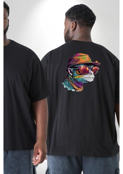 Gözlük Şapka Mukalemun Büyük Beden Siyah Tişört Kadın Erkek Ünisex Sırt Baskılı fiyatları