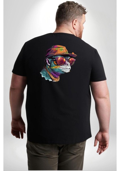 Gözlük Şapka Mukalemun Büyük Beden Siyah Tişört Kadın Erkek Ünisex Sırt Baskılı fırsatları