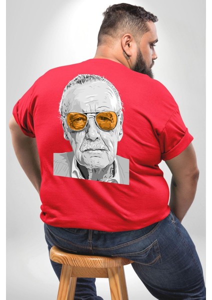 Stan Lee Büyük Beden Kırmızı Tişört Kadın Erkek Ünisex Sırt Baskılı