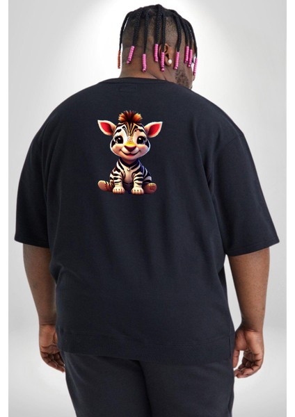 Sevimli Yavru Zebra Büyük Beden Siyah Tişört Kadın Erkek Ünisex Sırt Baskılı
