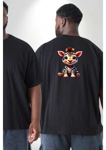 Sevimli Yavru Zebra Büyük Beden Siyah Tişört Kadın Erkek Ünisex Sırt Baskılı fiyatları