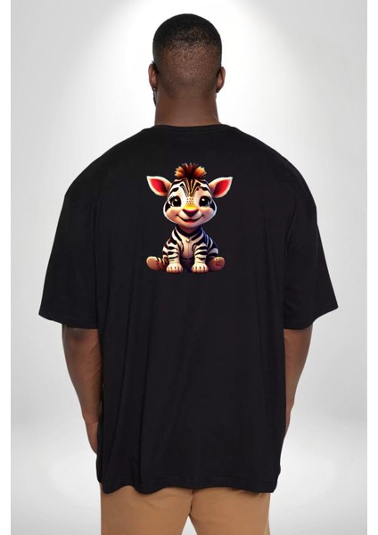 Sevimli Yavru Zebra Büyük Beden Siyah Tişört Kadın Erkek Ünisex Sırt Baskılı fırsatları