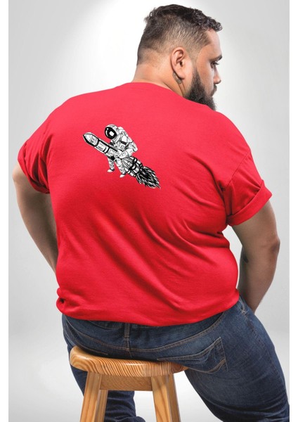 Roket Astronot Büyük Beden Kırmızı Tişört Kadın Erkek Ünisex Sırt Baskılı