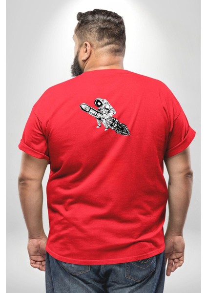 Roket Astronot Büyük Beden Kırmızı Tişört Kadın Erkek Ünisex Sırt Baskılı fırsatları