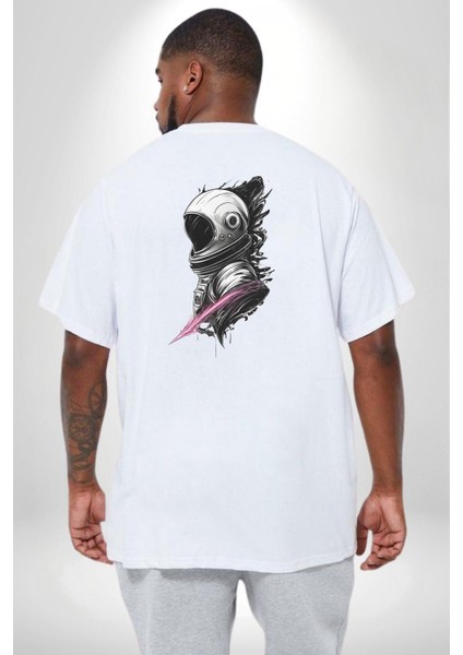Astronot Kafası Büyük Beden Beyaz Tişört Kadın Erkek Ünisex Sırt Baskılı