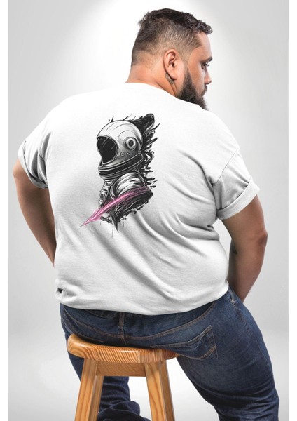 Astronot Kafası Büyük Beden Beyaz Tişört Kadın Erkek Ünisex Sırt Baskılı fırsatları